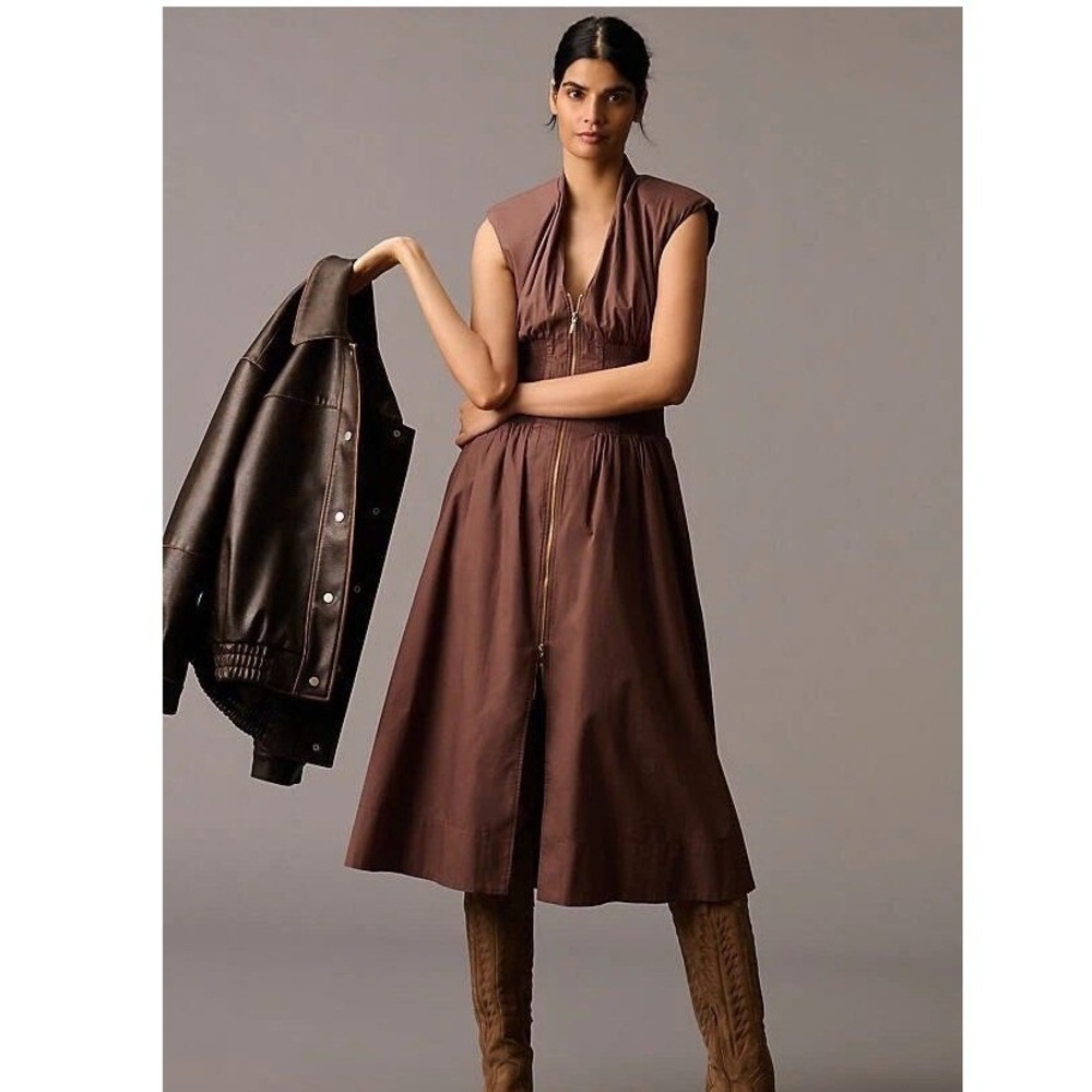 Anthropologie Cotton The Tommie Smocked Front-Zip Midi Shirt Dress Brown Medium